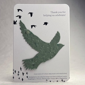 Thank You Celebration - Favor - Recycled Card 3.5" x 4.875" With Seed Paper Bird 2.9" x 3" - Choose Print and Seed Paper Color - Set of 8