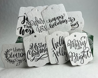 Seed Paper Gift Tags | Modern Calligraphy Holiday Word Art | 3.25" by 2.375" | Mixed Set of 8 | To/From and instructions on Reverse