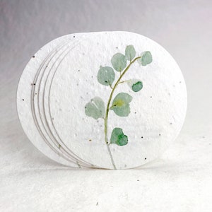 Eucalyptus Watercolor Art Seed Paper Large Circles 3.25" diameter White Cotton Wedding Favors Set of 12 - Planting Directions on Reverse