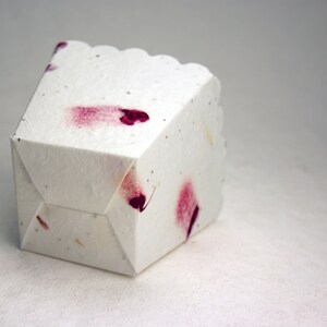 May include: A white paper cupcake liner with a scalloped edge and pink flower petal accents.
