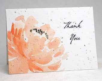 Peach Peony Thank You Watercolor Print Wildflower Seed Paper Handmade Blank Recycled Card