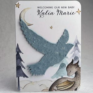 Custom, Personalized Baby Shower Favor - Card 3.5" x 4.875" With Seed Paper Bird 2.9" x 3"  - Choose Print and Paper Color - Set of 8