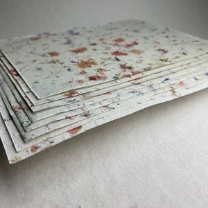 May include: A stack of white paper sheets with embedded dried flowers. The paper has a speckled appearance with pink, blue, and white flowers.