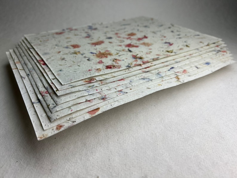 May include: A stack of white paper sheets with embedded dried flowers. The paper has a speckled appearance with pink, blue, and white flowers.