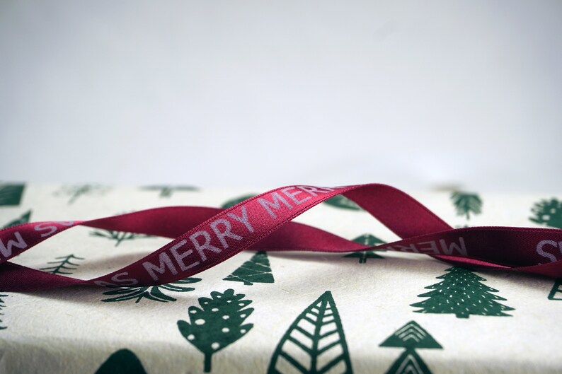 Holiday Decorating Merry Merry Christmas Print 3/8 inch Green, White or Red Double Faced Satin Ribbon image 1