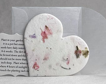 Large Pink Recycled Seed Paper Hearts 17s 2.85"w x 2.5"h with glassine envelope and planting guide set of 24
