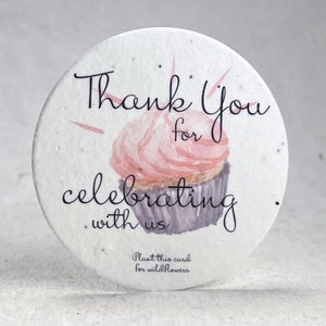 Cupcake Party Favor Thank You Seed Paper 3.25" Circle Tag Goody Bag Treat Set of 12 or 24 Fun Designs