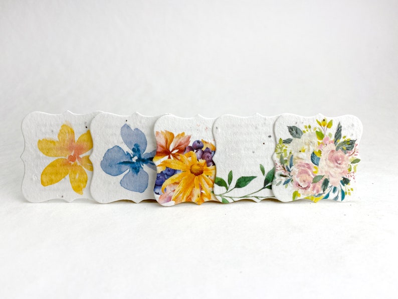 Floral Watercolor Wildflower Seed Paper Tags 1.75 x 1.75 Planting Directions on Reverse Set of 20 or 100 Mixed Set