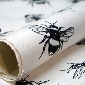 Bee Print - Yellow, Orange or Natural - Handmade Lotka Nepal Wrapping Paper - Gift Wrap - 3 sheets Natural (With Seeds)