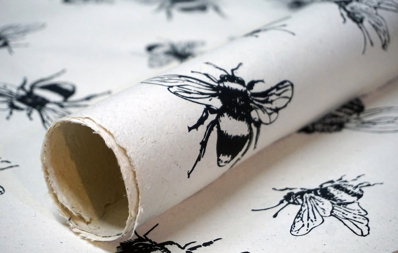 Bee Print - Yellow, Orange or Natural - Handmade Lotka Nepal Wrapping Paper - Gift Wrap - 3 sheets Natural (With Seeds)
