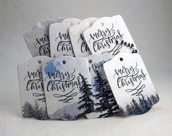 Seed Paper Gift Tags | Merry Christmas Northwest Trees | 3.25" by 2.375" | Mixed Set of 8 | Planting Instructions/To-From on Reverse