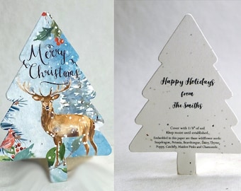 Bulk Custom, Personalized Tree Shape Holiday Cards | Woodland Art | Wildflower Seed Paper | 3.5 x 4.88 Flat Cards w/ Envelopes | Set of 100
