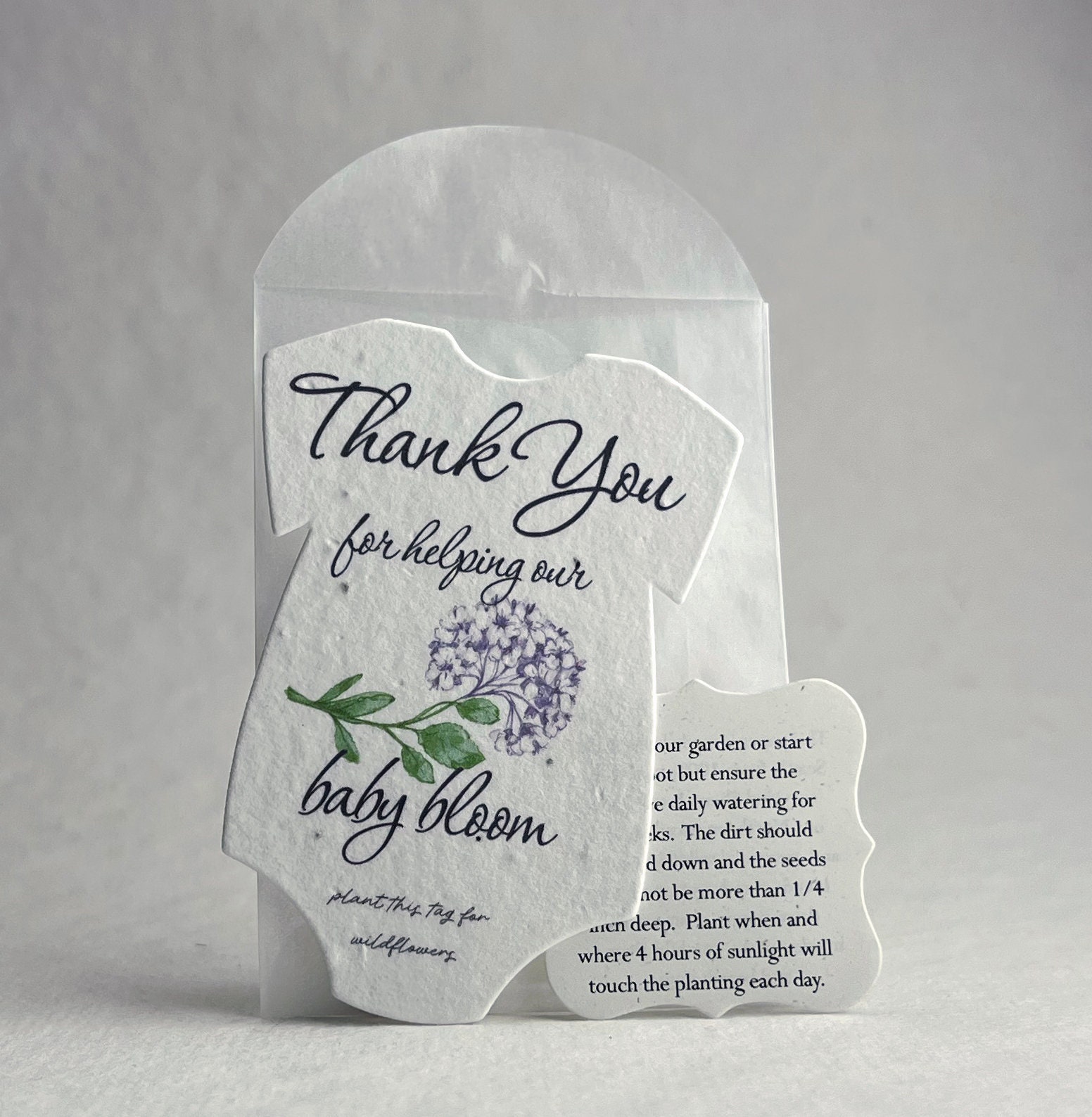 Infant Bodysuit Shape Thank You Baby Blooms Seed Paper 3&quot; x 2&quot; Wildflower Cotton with guides and envelopes - Pick your Flower