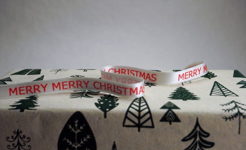 Holiday Decorating Merry Merry Christmas Print 3/8 inch Green, White or Red Double Faced Satin Ribbon image 9