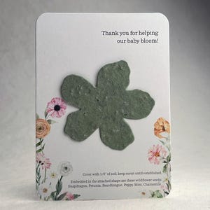 Thank You Baby Blooms Baby Shower Favor - Card 3.5" x 4.875" With Seed Paper Flower 2.5 x 2.4" - Choose Print and Paper Color - Set of 8