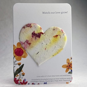 Watch Love Grow - Wedding Favor - Recycled Card 3.5" x 4.875" With Seed Paper Heart 2.5 x 2.85" - Choose Print & Seed Paper Color - Set of 8