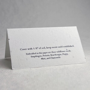 White Wildflower Seed Paper 10s Folding Card - Place Card, Name Card, Table Card - Printed with Planting Instructions - 3.5" x 4"