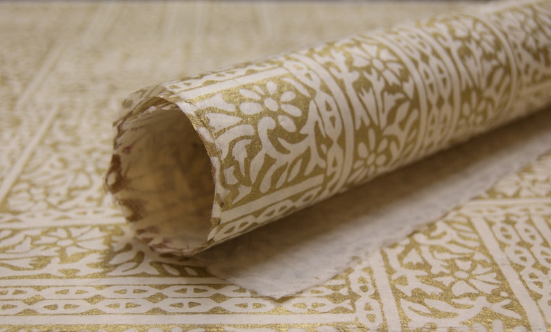 Golden Woodcut Lotka Handmade Wrapping Paper Holiday Giftwrap 3 or 10 sheets image 1