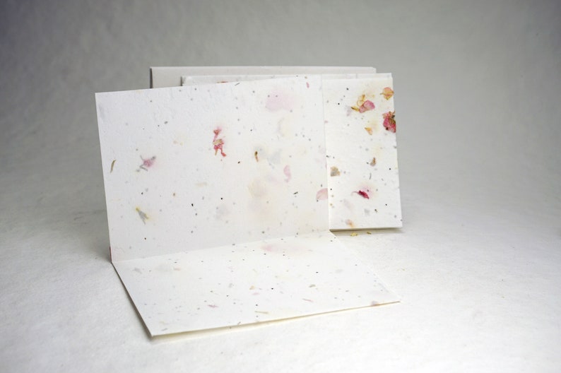 May include: A set of white greeting cards with pink and white flower petals embedded in the paper. The cards are folded in half and have a blank interior.