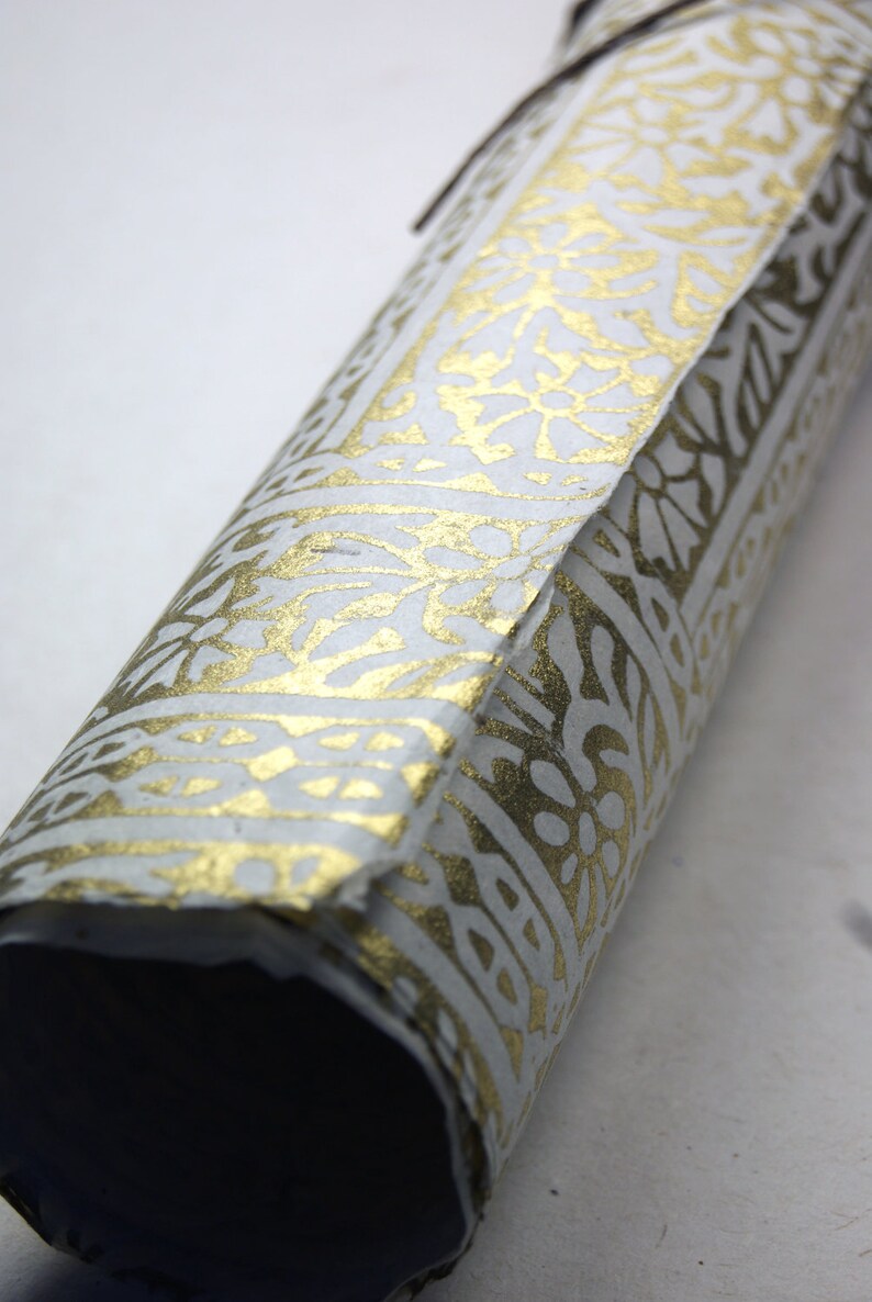 Golden Woodcut Lotka Handmade Wrapping Paper Holiday Giftwrap 3 or 10 sheets image 3