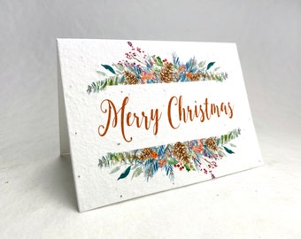 Watercolor Merry Christmas Print - Wildflower Seed Paper - Handmade Blank Recycled Card - Set of 3 or 10