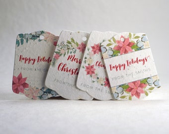 Custom, Personalized | Poinsettia Watercolor Art | Wildflower Seed Paper Tags | 3.25" wide by 2.375" tall | Holiday Gift Tags | Set of 16