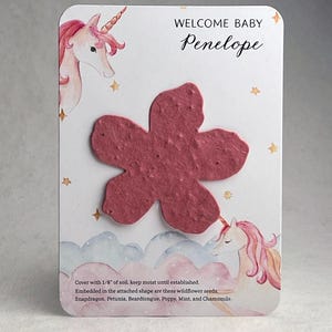 Custom, Personalized Baby Shower Favor - Card 3.5" x 4.875" With Seed Paper Flower 2.5 x 2.4" - Choose Print and Paper Color - Set of 8