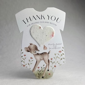 Thank You Baby Blooms Baby Shower Favor - Bodysuit 3.5" x 4.875" With Seed Paper Heart 1.5" x 1.75" - Choose Print & Paper Color - Set of 8