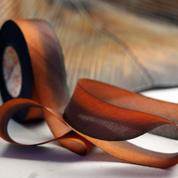 Hand Dyed Silk Ribbon - Orange Brown Rustic Autumn Blend 094 - 3 yards Bias Cut Length - Five Widths - 1/2", 5/8", 1", 1.5", 2.5"