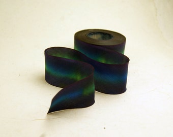 Hand Dyed Silk Ribbon - Black Blue Yellow Green Blend 028 - 3 yards Bias Cut Length - Five Widths - 1/2", 5/8", 1", 1.5", 2.5"