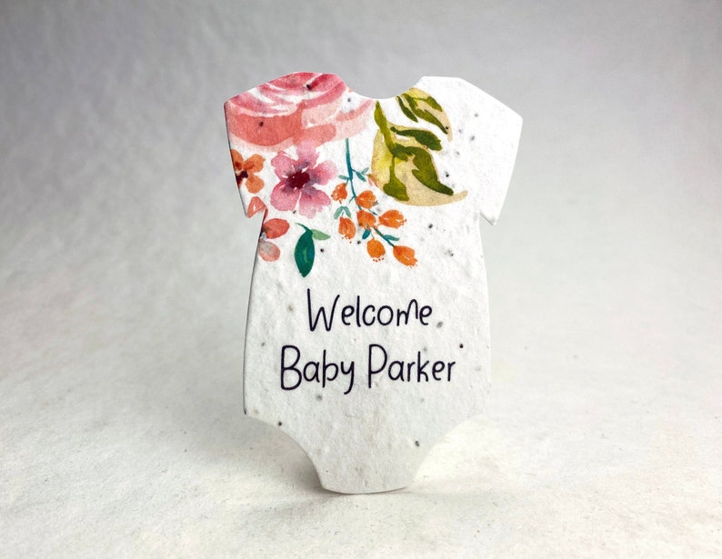 Custom, Personalized Infant Bodysuit Shape Welcome Baby Birth Announcement or Baby Shower Wildflower Seed Paper 3 x 2 Set of 18 image 1