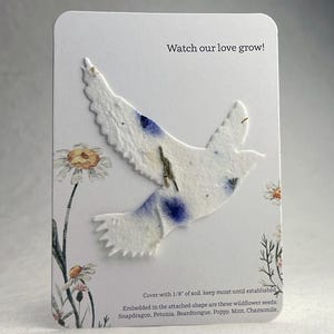 Watch Our Love Grow - Favor - Recycled Card 3.5" x 4.875" With Seed Paper Bird 2.9" x 3" - Choose Print and Seed Paper Color - Set of 8