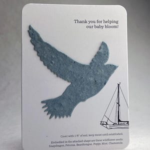 Thank You Baby Bloom - Favor - Recycled Card 3.5" x 4.875" With Seed Paper Bird 2.9" x 3" - Choose Print and Seed Paper Color - Set of 8