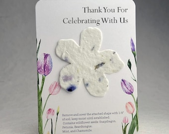 Custom, Personalized Wedding or Event Favor - Card 3.5" x 4.875" With Seed Paper Flower 2.5 x 2.4" - Choose Print and Paper Color - Set of 8