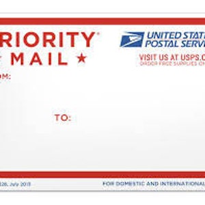 May include: A white Priority Mail label from the United States Postal Service. The label has red stripes at the top and bottom. The text "PRIORITY MAIL" is printed in black with red stars on either side. The text "UNITED STATES POSTAL SERVICE" is printed in black. The text "VISIT US AT USPS.COM ORDER FREE SUPPLIES ONLINE" is printed in black. The text "FROM:" and "TO:" is printed in black. The text "Label 126, July 2017" is printed in black. The text "FOR DOMESTIC AND INTERNATIONAL USE" is printed in black.