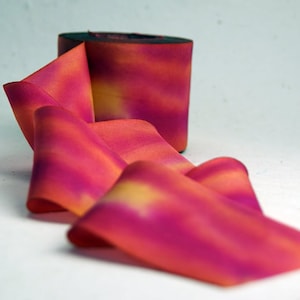 Hand Dyed Silk Ribbon - Red Purple Orange Blend 026 - 3 yards Bias Cut Length - Five Widths - 1/2", 5/8", 1", 1.5", 2.5"