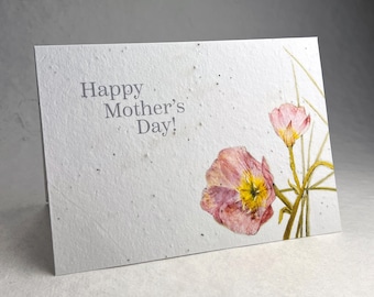 Mother's Day Card - Handmade Wildflower Plantable Seed Paper - Watercolor Primrose Art - Blank Inside - With Recycled Paper Envelope