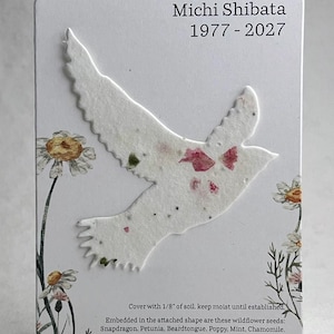 Custom, Personalized Memorial Favor - Recycled Card 3.5" x 4.875" With Seed Paper Bird 2.9" x 3" - Choose Print and Paper Color - Set of 8
