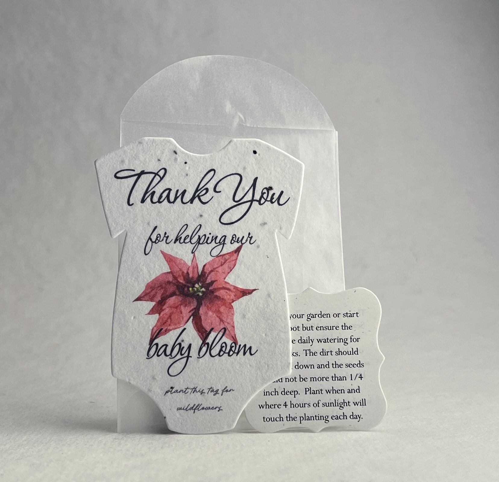 Infant Bodysuit Shape Thank You Baby Blooms Seed Paper 3&quot; x 2&quot; Wildflower Cotton with guides and envelopes - Pick your Flower