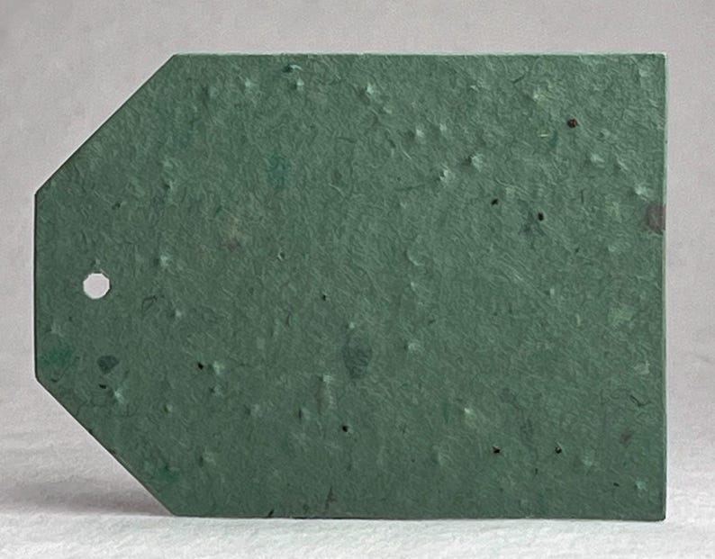 May include: A textured, green tag with a unique shape, featuring a hole for stringing. The tag's surface has a speckled appearance, adding to its rustic charm. The tag is a solid, muted green color.