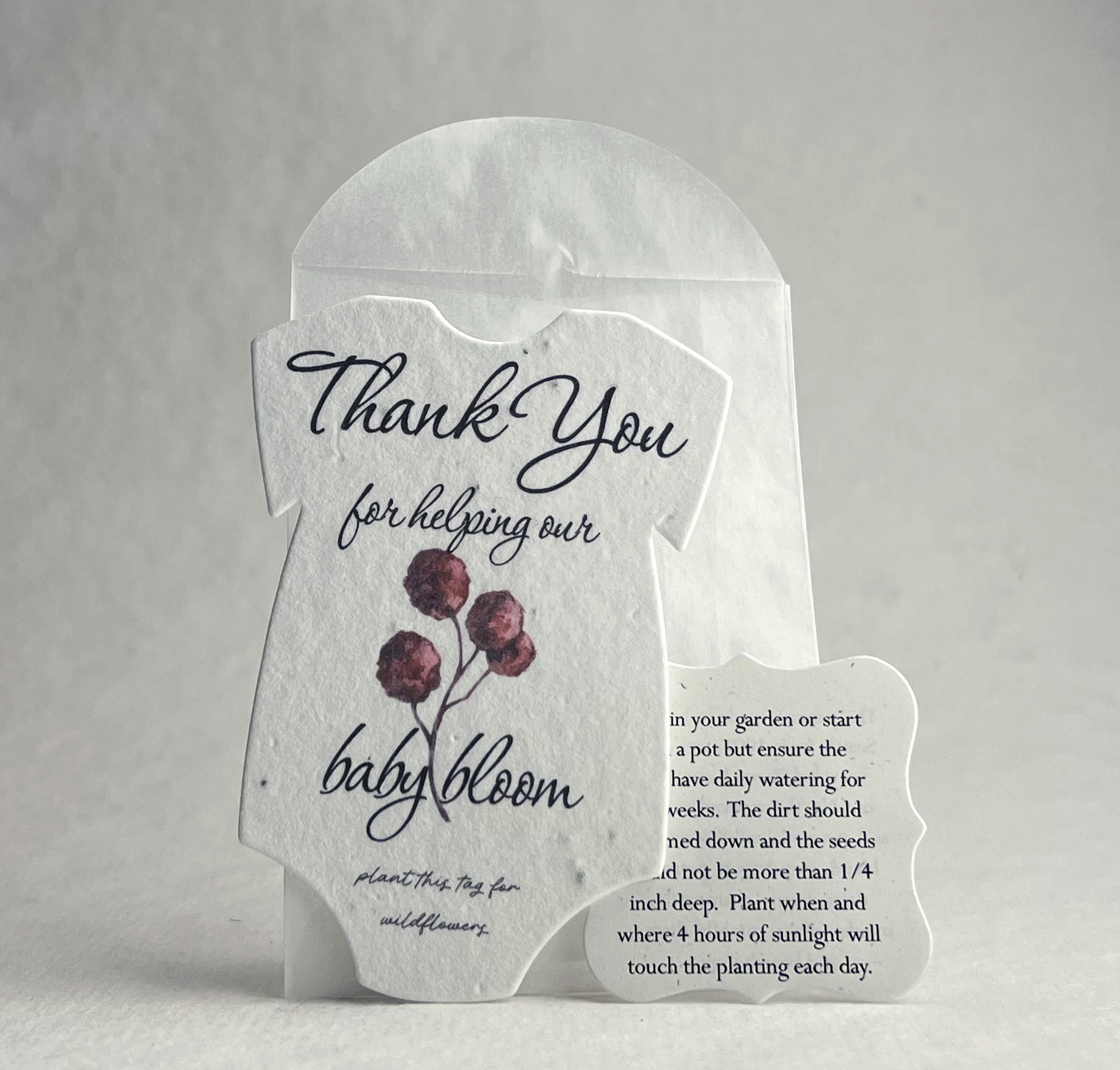 Infant Bodysuit Shape Thank You Baby Blooms Seed Paper 3&quot; x 2&quot; Wildflower Cotton with guides and envelopes - Pick your Flower