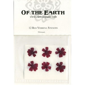 May include: A package of 12 red verbena flower stickers. The stickers are arranged in a grid of six, with each sticker showing a single flower. The package is labeled "Of the Earth" and "12 Red Verbena Stickers".