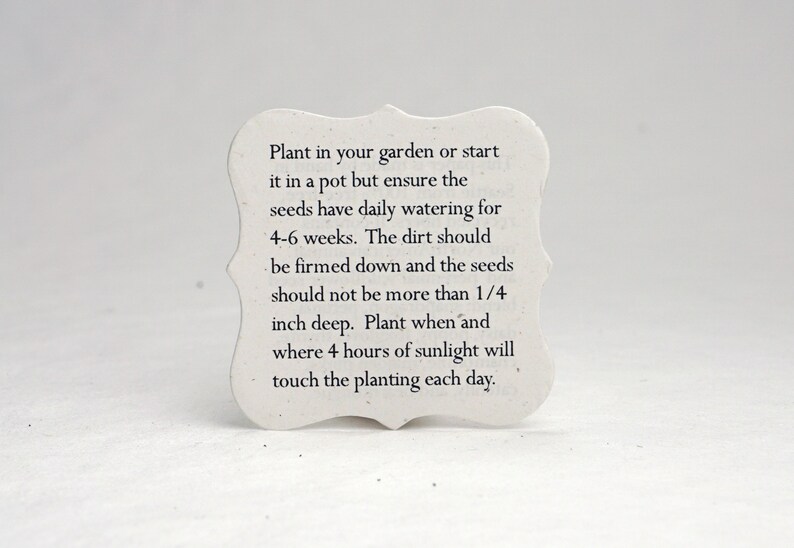 May include: White card with black text providing instructions on how to plant seeds. The text reads: "Plant in your garden or start it in a pot but ensure the seeds have daily watering for 4-6 weeks. The dirt should be firmed down and the seeds should not be more than 1/4 inch deep. Plant when and where 4 hours of sunlight will touch the planting each day."
