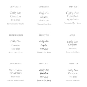 Pu&ograve; includere: Una collezione di design testuali con il nome "Cathy Ann Compton" e gli anni "1938-2020", insieme alla frase "Forever in Our Hearts". Il testo &egrave; presentato in vari font, tra cui University, Corinthia, Papyrus, French Script, Freestyle, Apple, Copperplate, Bostone e Perpetua.