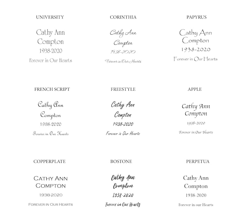 Pu&ograve; includere: Una collezione di design testuali con il nome "Cathy Ann Compton" e gli anni "1938-2020", insieme alla frase "Forever in Our Hearts". Il testo &egrave; presentato in vari font, tra cui University, Corinthia, Papyrus, French Script, Freestyle, Apple, Copperplate, Bostone e Perpetua.