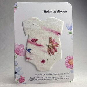Baby in Bloom - Baby Shower Favor - Card 3.5" x 4.875" With Seed Paper Bodysuit 2.5 x 3.25" - Choose Print and Paper Color - Set of 8