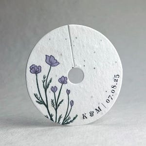 Custom Seed Paper Wine Glass Tag - Gift Tag - Handmade Wedding Favor- Wildflower Seeds - 3" diam. - Florals - Line Art - set of 12