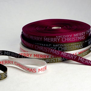 Holiday Decorating Merry Merry Christmas Print 3/8 inch Green, White or Red Double Faced Satin Ribbon image 5