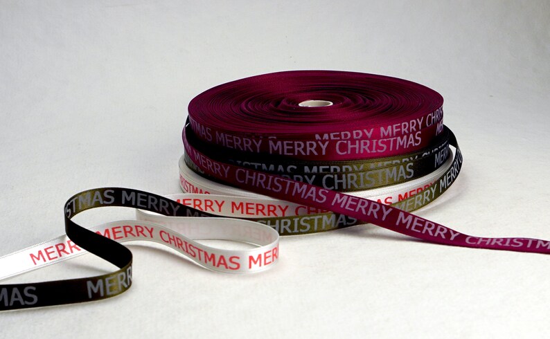 Holiday Decorating Merry Merry Christmas Print 3/8 inch Green, White or Red Double Faced Satin Ribbon image 5