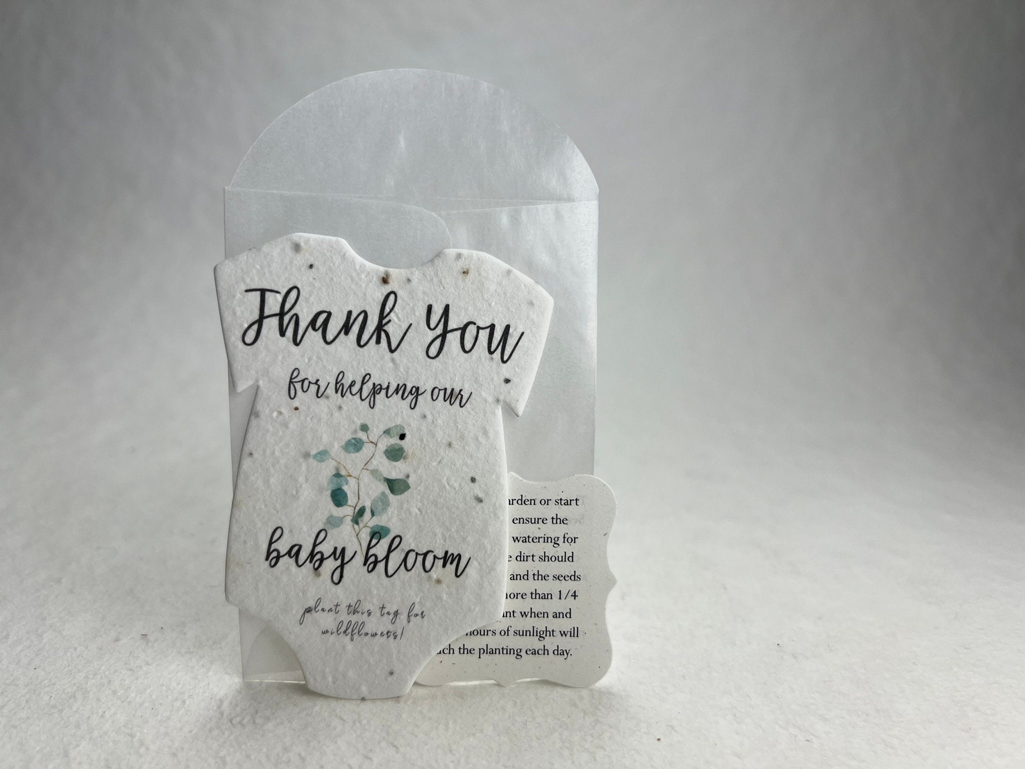 Infant Bodysuit Shape Thank You Baby Blooms Seed Paper 3&quot; x 2&quot; Wildflower Cotton with guides and envelopes - Pick your Flower